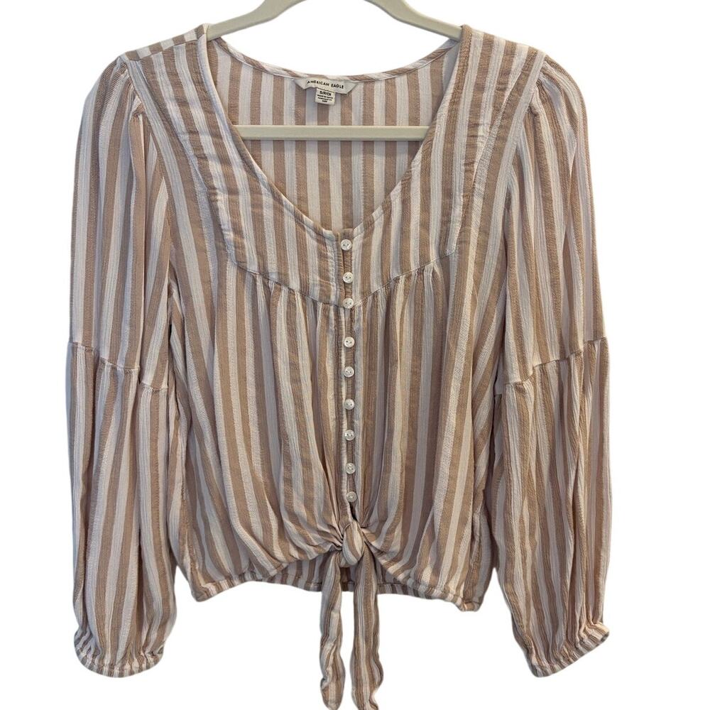 American Eagle Tan Striped Tie Front Blouse Boho Button Down Long Sleeve Top S